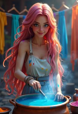 A serene young female elf monk with fair, radiant skin and long, flowing rainbow hair, smiles warmly as she expertly dyes silks in a vibrant Mardi Gras fabric stall. Surrounded by colorful vats and drying fabrics, her stained apron reflects a life immersed in artistry and calm devotion.