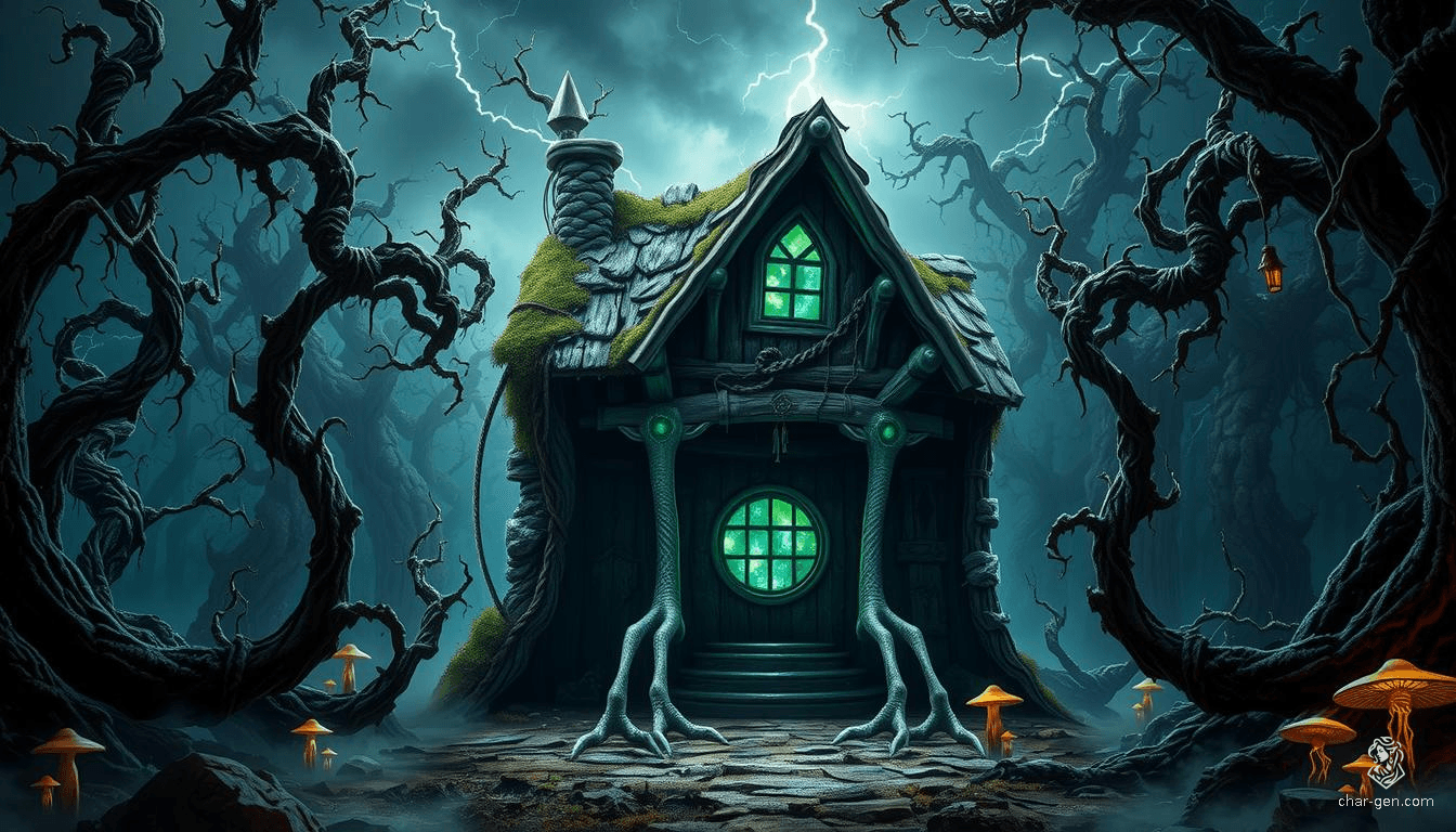 In an eerie, enchanted forest shrouded in mist and dark magic, Baba Yaga's ancient hut perches on towering, sinewy chicken legs. The warped wooden walls, covered in glowing runes and moss, emit a ghostly green light through its windows. Twisted trees and luminous mushrooms add to the menacing ambiance, casting dynamic shadows under a stormy, lightning-filled sky.