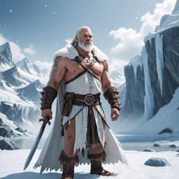 Elder Chief Grimbold, a burly barbarian in his 60s, commands respect with his fierce demeanor and wild spirit. His balding head and pale white beard contrast sharply with his rugged, fur-lined cloak, marking him as a formidable leader in his humble village.