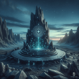 Amidst a desolate expanse, a 15-meter stone altar rises, weathered yet imposing. Surrounded by swirling mists and jagged cliffs, it cradles a shimmering black metal disc, pulsating with a mysterious energy. The landscape, both eerie and majestic, echoes with ancient secrets waiting to be unveiled.