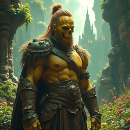 A tall, gaunt githyanki barbarian, this wild and rugged warrior boasts rough, dirty yellow skin and a Voldemort-like skull nose. His russet hair is tied in a topknot, embodying a fierce spirit and a fierce connection to his brutal, nomadic heritage.