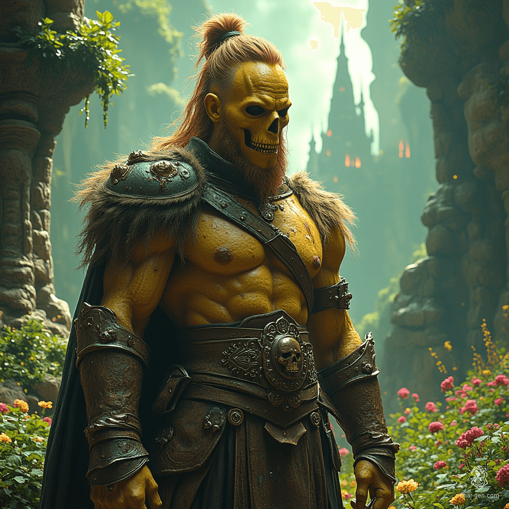 A tall, gaunt githyanki barbarian, this wild and rugged warrior boasts rough, dirty yellow skin and a Voldemort-like skull nose. His russet hair is tied in a topknot, embodying a fierce spirit and a fierce connection to his brutal, nomadic heritage.