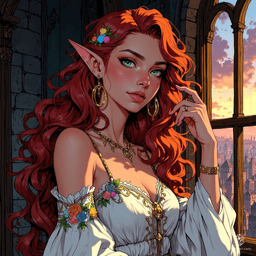 In a vibrant fantasy realm, an enchanting eladrin elf woman gazes from her noble estate, her long, wavy red hair shimmering against the warm twilight. Dressed in a floral-embroidered, flowing gown, she exudes ethereal beauty and grace, capturing the essence of her magical world.