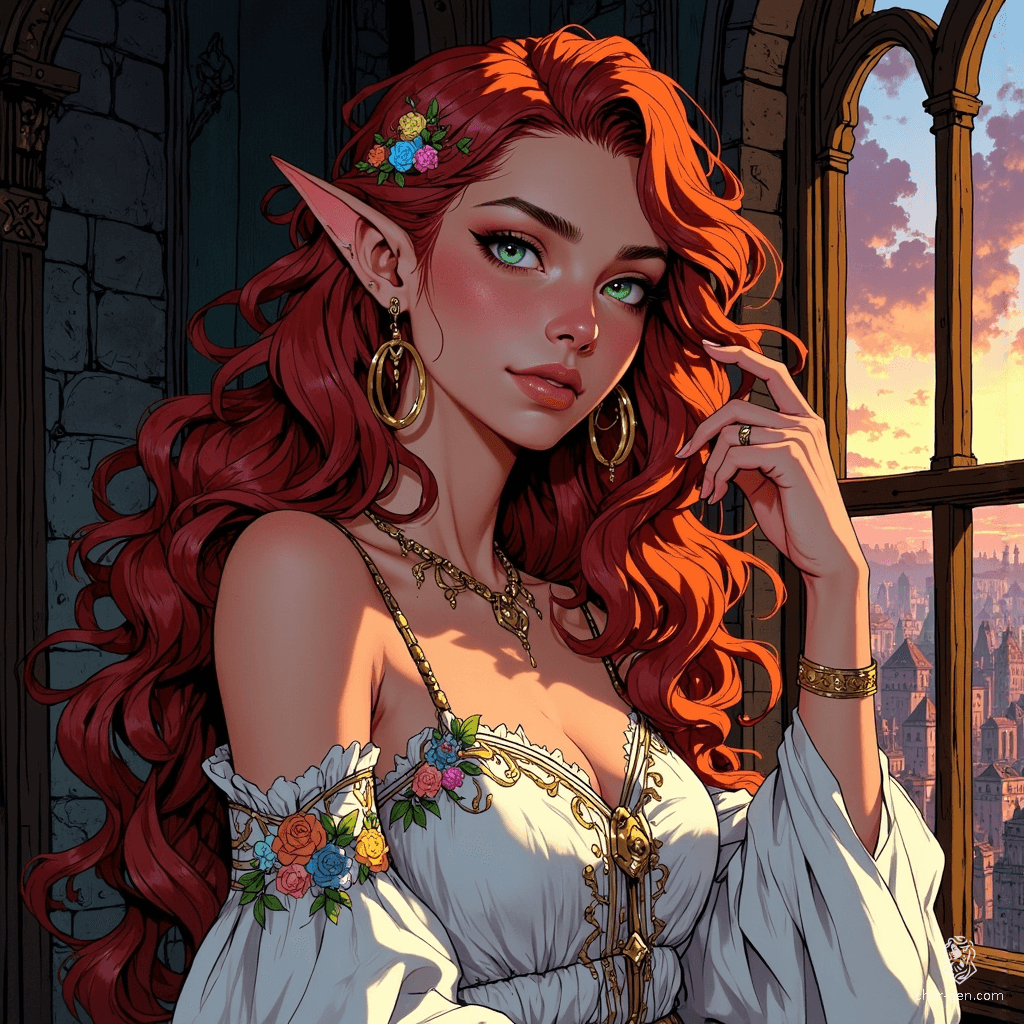 In a vibrant fantasy realm, an enchanting eladrin elf woman gazes from her noble estate, her long, wavy red hair shimmering against the warm twilight. Dressed in a floral-embroidered, flowing gown, she exudes ethereal beauty and grace, capturing the essence of her magical world.