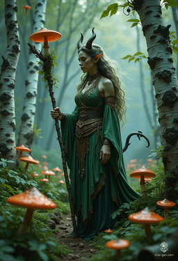 Lilith Valmoira, a wise Tiefling druid, navigates the cursed forests of Barovia with her twig-adorned staff and loyal animal companions. Distinctive for her green skin, devil-like horns, and intricate hides, she embraces her connection to nature, seeking solace among mushrooms while grappling with her dark heritage.