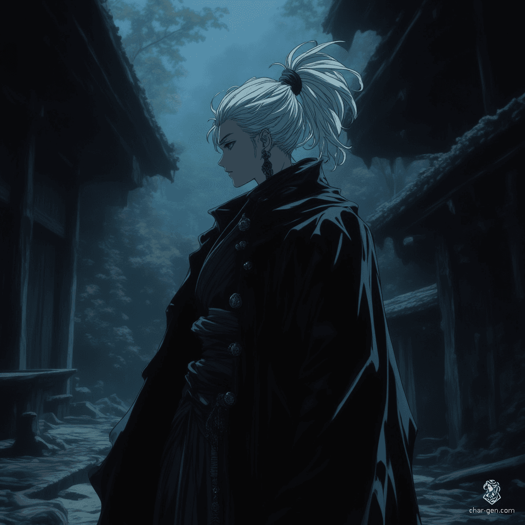 In a shadowy medieval dojo, a formidable white tigerborn monk stands poised. Shirtless, with a short, elegant ponytail of white hair, he embodies the gritty essence of dark fantasy. Bathed in dramatic lighting and deep shadows, his intricate tattoos tell a story of resilience and strength in a hauntingly beautiful world.