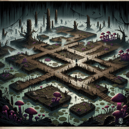 In this eerie marshland, sticky mud squelches beneath your feet, while tangled mangroves loom over opaque pools. Glowing crickets serenade lurking frogs, and colorful, toxic mushrooms sprout from rotting stumps. A crumbling highway bridge, cloaked in fog, hides secrets and dangers—beware of traps set by ancient forest guardians!