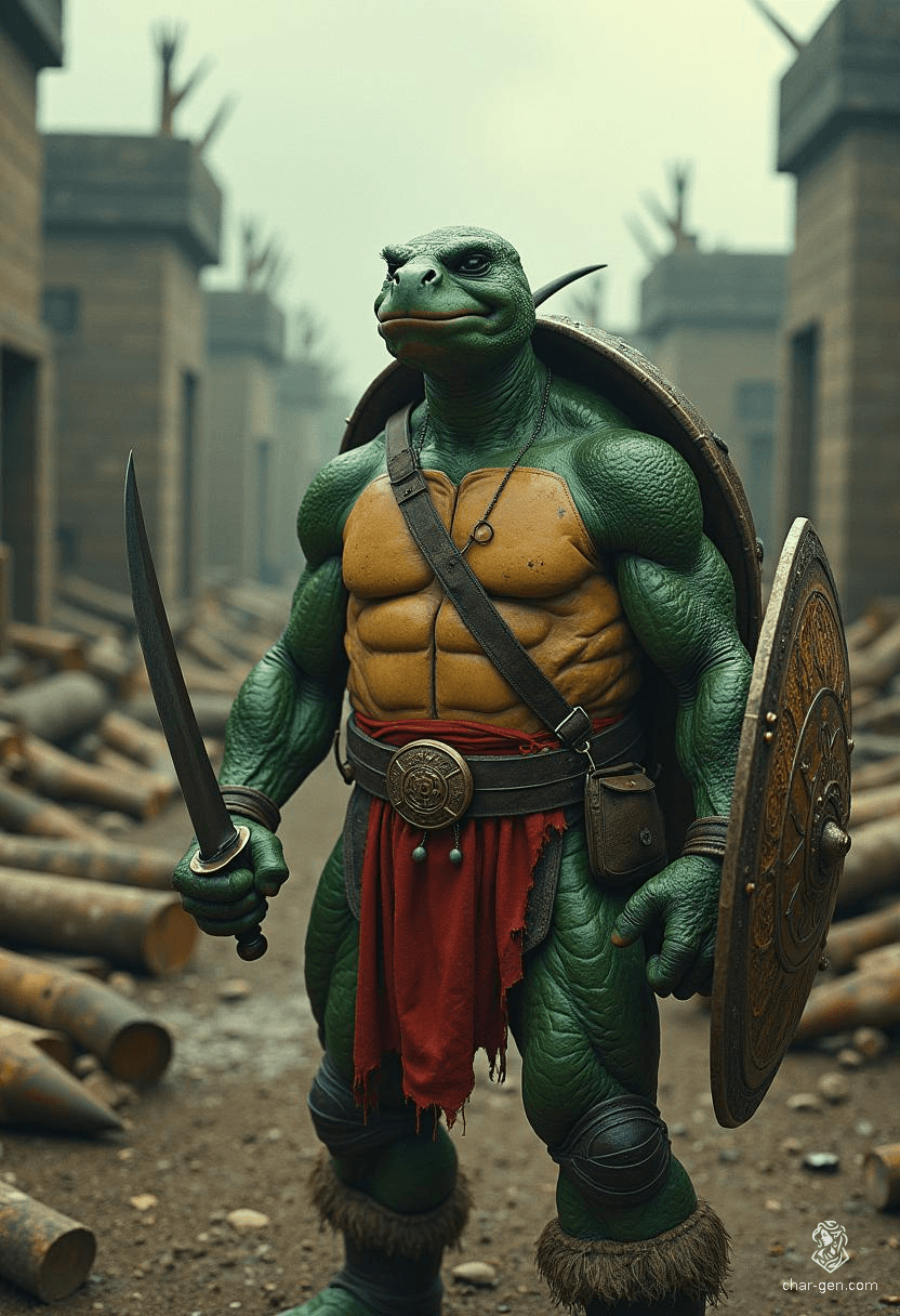 Snaps is a 5'10" charming tortle sorcerer and pirate, adorned in enchanted garments and arcane sigils. With his sturdy shell, vibrant green skin, and striking black eyes, he wields lightning's power and a formidable dagger. For Snaps, the sea embodies freedom, and courage is his unyielding creed.