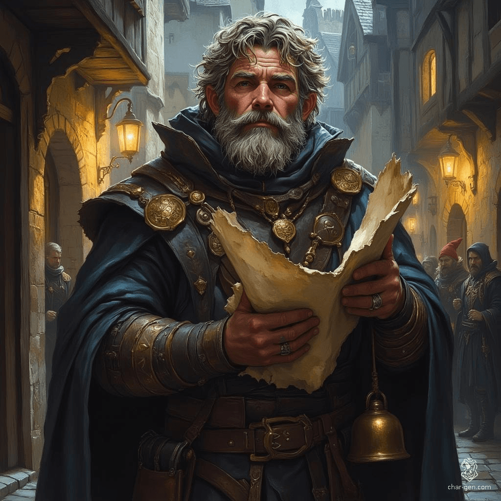 In a fog-laden town square, an old town crier stands resolute, his grizzled beard framing a stern expression. Clutching a parchment and ringing a brass bell, he shouts the day’s news, illuminated by faint lantern glow amidst shadowy figures. A vibrant, painterly portrait capturing his weathered wisdom.