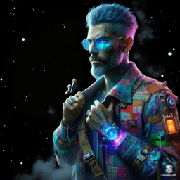 A tan-skinned male artificer, with long greying hair accented by blue strokes, wears a stylish jacket adorned with chaotic floral patches. His intellectual gaze behind light blue oval glasses hints at wisdom. As a magical courier, he weaves through realms with intricate gadgets, a tome, and a satchel of enchanted messages.