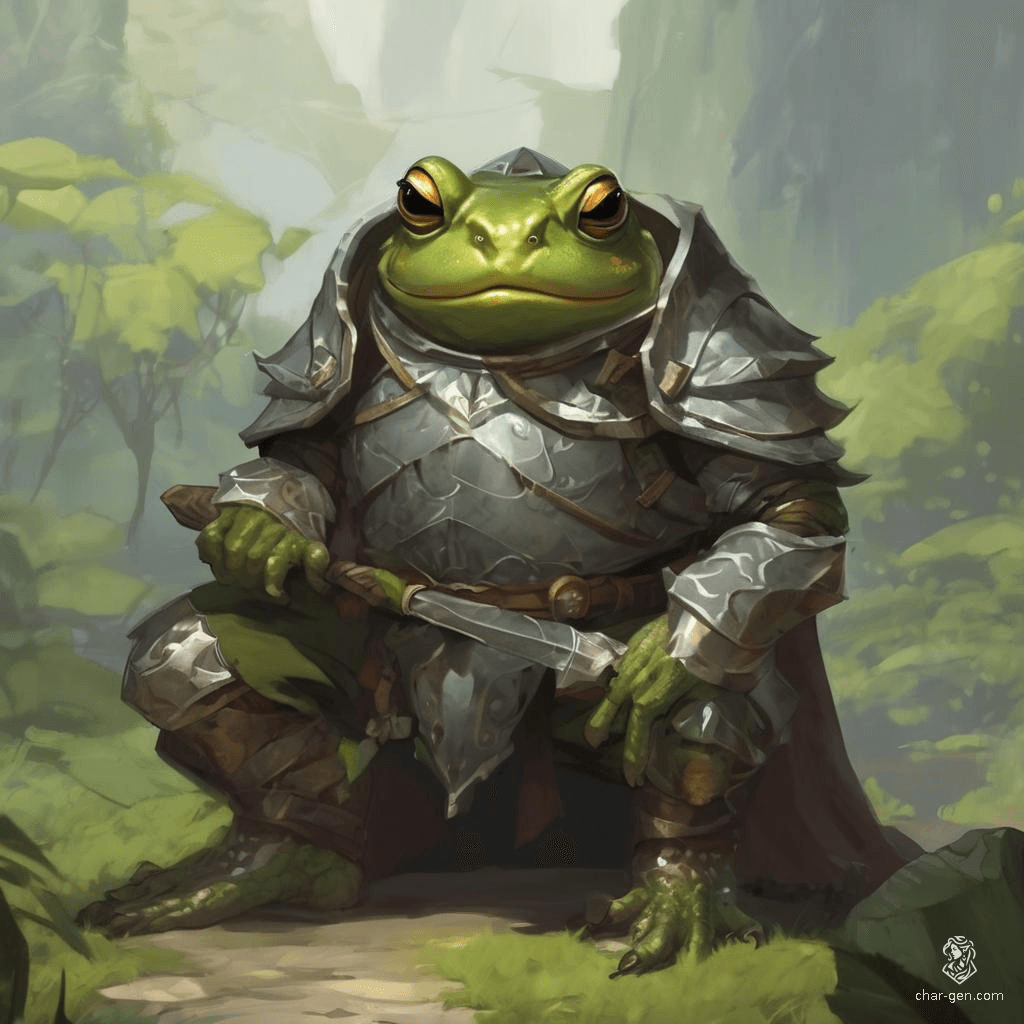 Meet Glim, a charming male Grung paladin with a heart of gold. Slender and vibrant green, he navigates the world with a friendly demeanor and unwavering courage. Armed with a magical spear and boundless optimism, Glim spreads hope and justice, proving you don’t need armor to be a hero.
