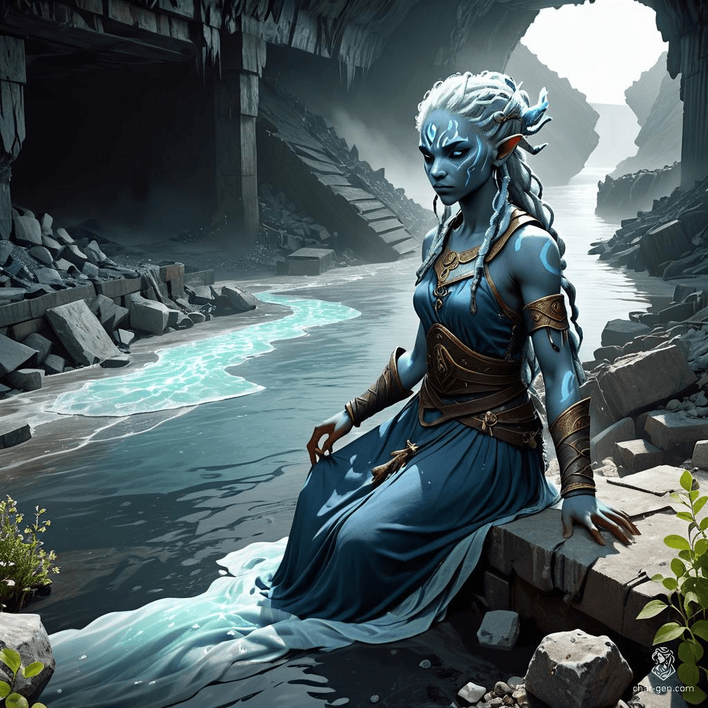 A serene female Water Genasi Cleric with dark blue skin like a flowing river and sea foam dreadlocks, adorned with water nebula effects. She tends to the sick with herbs, potions, and bandages, embodying a peaceful healer's role among her aquatic, elemental features.