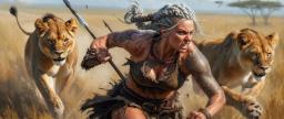 A fierce female barbarian with silver braided hair and intricate tattoos charges across the savanna, spear in hand. Clad in leather armor and flanked by two powerful lionesses, she embodies wild strength and untamed spirit amid vibrant, sunlit grasslands.