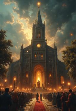 A radiant celestial guardian, cloaked in ethereal robes adorned with intricate patterns of light, stands within an ancient church. Surrounded by atmospheric stained glass, their piercing eyes glow with wisdom, embodying a serene blend of divinity and strength. A protector of faith, they watch over the realm with unwavering devotion.
