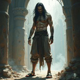 This ethereal fantasy character embodies the spirit of defiance amidst despair. A tall, ragged prisoner with flowing black hair and an angered expression, he stands in tattered leather sandals, radiating an air of majestic magic that pierces through his bleak surroundings, evoking a sense of hope and rebellion.