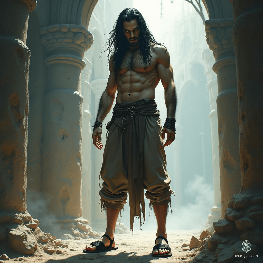 This ethereal fantasy character embodies the spirit of defiance amidst despair. A tall, ragged prisoner with flowing black hair and an angered expression, he stands in tattered leather sandals, radiating an air of majestic magic that pierces through his bleak surroundings, evoking a sense of hope and rebellion.