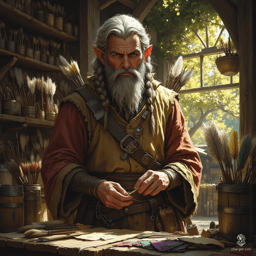 In the heart of Eldergrove forest, an elderly half-elf fletcher skillfully crafts enchanted arrows in his cozy workshop. With kind eyes and nimble fingers, he weaves magic into each creation, blending nature's gifts into legendary ammunition, while woodland creatures watch curiously from the sunlight-dappled windows.