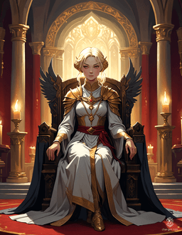 Loralyn, a powerful Aasimar monk and baroness, exudes serenity in her dimly lit throne room. With radiant golden skin, intense pupil-less eyes, and a soft celestial glow, she commands both warmth and authority. Her simple yet elegant robe, adorned with celestial symbols, complements her poised posture as she holds her glowing quarterstaff with grace.