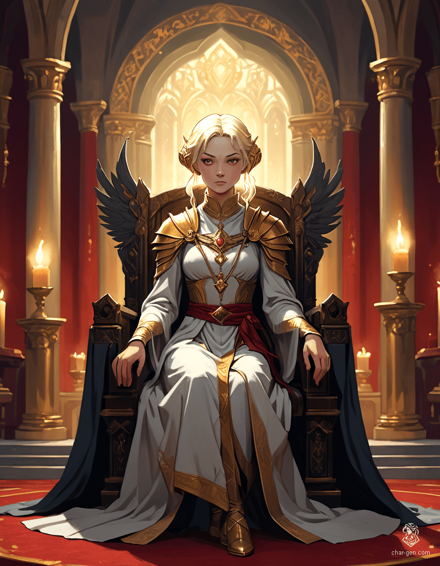 Loralyn, a powerful Aasimar monk and baroness, exudes serenity in her dimly lit throne room. With radiant golden skin, intense pupil-less eyes, and a soft celestial glow, she commands both warmth and authority. Her simple yet elegant robe, adorned with celestial symbols, complements her poised posture as she holds her glowing quarterstaff with grace.