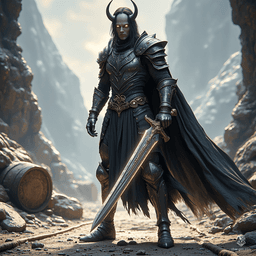 Elceran, a haunting shadar-kai fighter, boasts raven hair and obsidian eyes, embodying darkness with his greyish skin and intricate splint armor. At 347 years old, this guilt-ridden samurai wields a greatsword with a strong grip, navigating a shadowy world while seeking redemption.