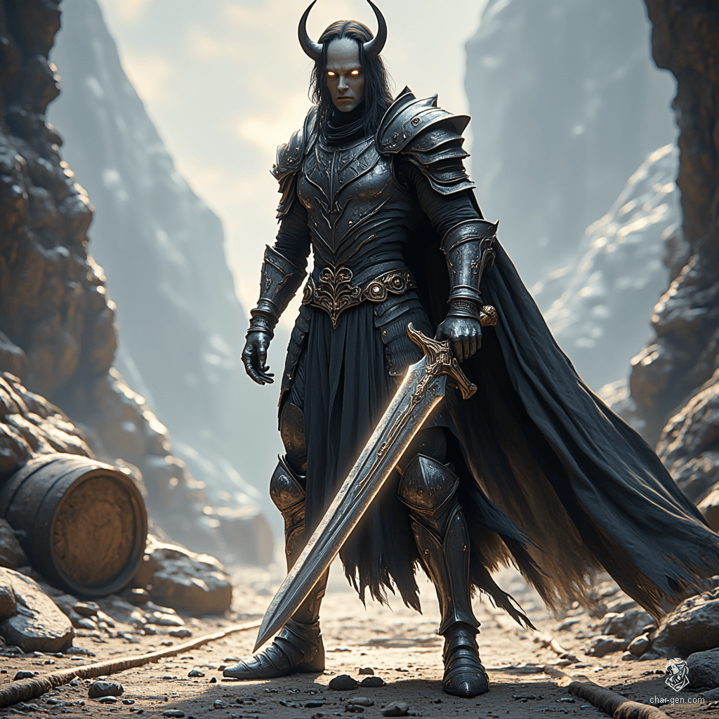 Elceran, a haunting shadar-kai fighter, boasts raven hair and obsidian eyes, embodying darkness with his greyish skin and intricate splint armor. At 347 years old, this guilt-ridden samurai wields a greatsword with a strong grip, navigating a shadowy world while seeking redemption.