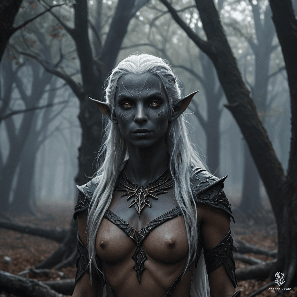 A captivating female dark elf with dark grey skin contrasting sharply against her pure white, long hair. She has purple eyes, a calm expression, and fluid posture, embodying a monk’s serenity. Her toned physique and distinct tan skin texture enhance her striking appearance.