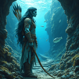 Kael Deepwarden, a proud Triton ranger, glides through ocean depths with bluish-green skin and dark teal hair adorned with seashells. His piercing blue eyes reflect the ocean’s mysteries. Clad in scale armor and armed with a coral-crafted longbow, he patrols both sea and shore, accompanied by his loyal sea otter, Tide.