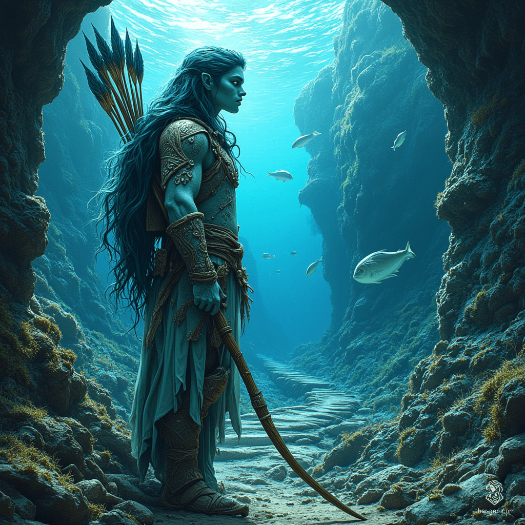 Kael Deepwarden, a proud Triton ranger, glides through ocean depths with bluish-green skin and dark teal hair adorned with seashells. His piercing blue eyes reflect the ocean’s mysteries. Clad in scale armor and armed with a coral-crafted longbow, he patrols both sea and shore, accompanied by his loyal sea otter, Tide.