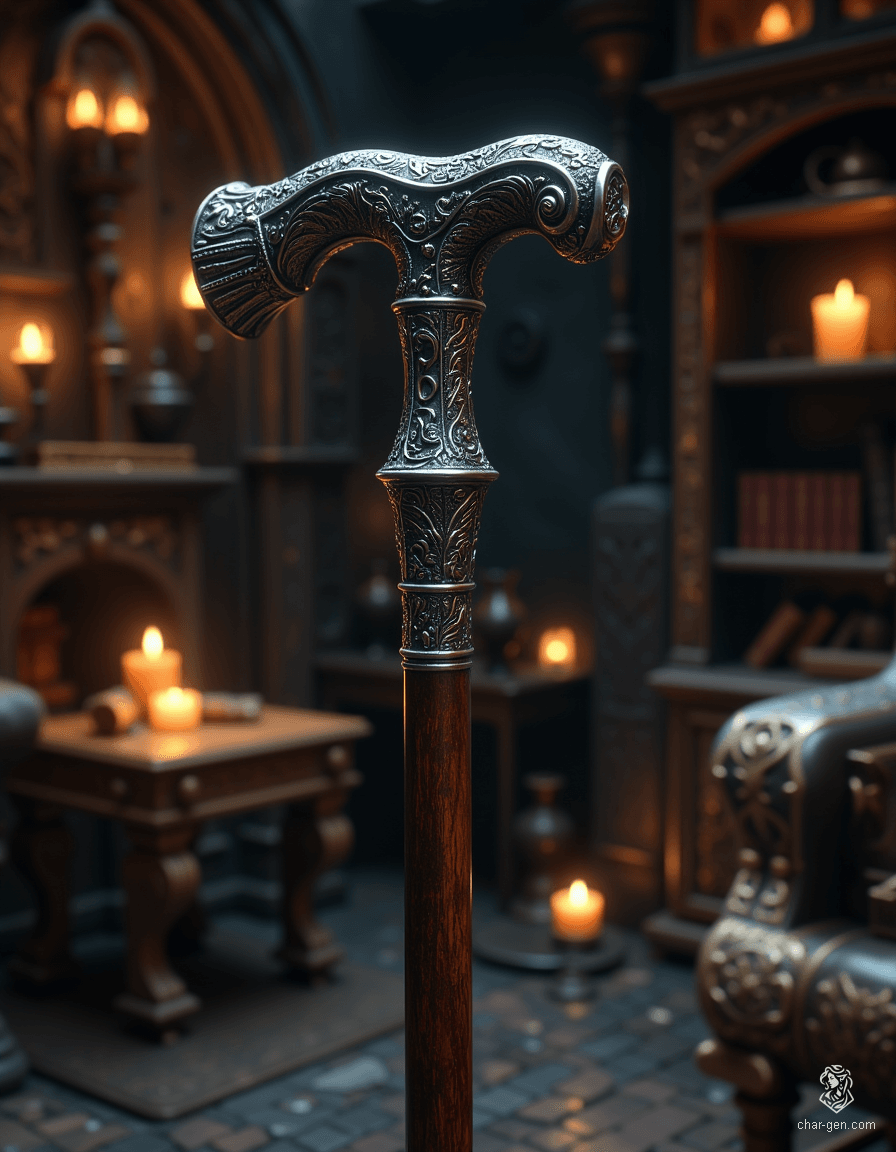 The Obsidian Sentinel is a masterfully crafted staff, 32 inches of dark ebony wood radiating an aura of authority. Topped with a striking silver finial resembling a hammer, its engraved "C" pulses with latent magic. Wielders can summon protective barriers and unleash echoes of ancient wisdom with each strike.