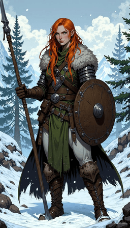 In a frozen battlefield, a fierce Slavic warrior woman embodies resilience. With flowing auburn hair, sharp green eyes, and clad in fur-lined hides over chainmail, she wields an intricately carved spear and carries a circular shield, ready to defend against any foe under the pale winter light.
