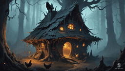 In a dark, painterly woodland, Baba Yaga's hut perches eerily on long, spindly chicken legs with gnarled joints. The twisted wooden structure, adorned with glowing runes, seems alive. Within the dense fog, twisted trees and bioluminescent mushrooms create an eerie, enchanting atmosphere.