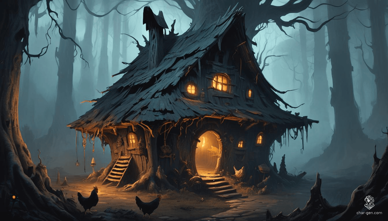 In a dark, painterly woodland, Baba Yaga's hut perches eerily on long, spindly chicken legs with gnarled joints. The twisted wooden structure, adorned with glowing runes, seems alive. Within the dense fog, twisted trees and bioluminescent mushrooms create an eerie, enchanting atmosphere.