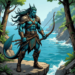Kaelen, a male triton ranger, blends the elegance of the sea with the strength of the forest. With skin like shimmering fish scales and kelp-green hair adorned with natural treasures, he stands ready at the cliff's edge, bow in hand, a guardian of both land and ocean.
