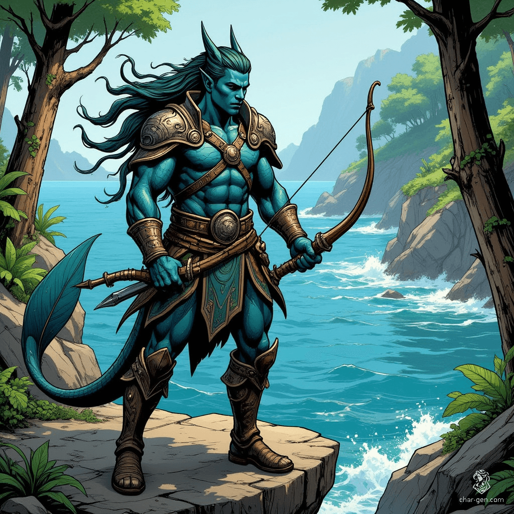 Kaelen, a male triton ranger, blends the elegance of the sea with the strength of the forest. With skin like shimmering fish scales and kelp-green hair adorned with natural treasures, he stands ready at the cliff's edge, bow in hand, a guardian of both land and ocean.