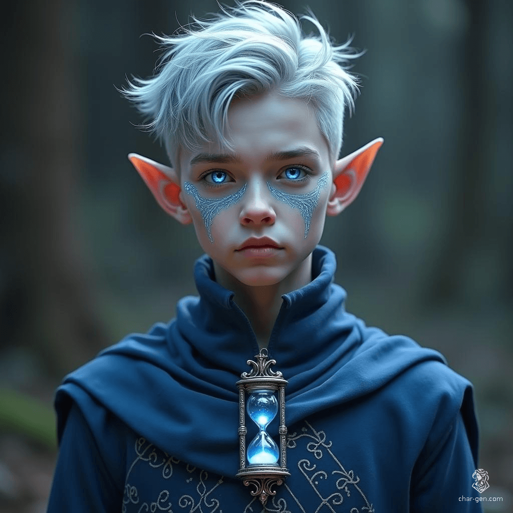 Vollaron is a frail high-elf with sharp features and tousled silver-gray hair. His piercing blue eyes, enhanced by glowing arcane marks, reflect his mastery of chronomancy. Clad in oversized blue and silver robes, he exudes an ethereal aura, embodying both mystery and power with a contemplative demeanor.