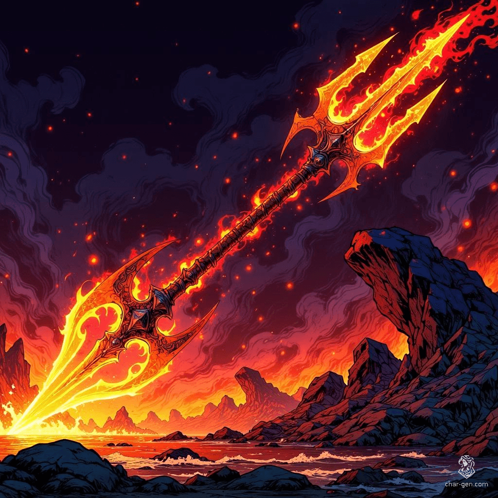 Emberthorn, the Burning Trident, is a fearsome weapon forged from the essence of fire. Its three jagged prongs, adorned with ember-red crystals, blaze with an inner flame. When wielded, the trident releases waves of heat, igniting the air and incinerating foes in a dazzling display of fiery power.