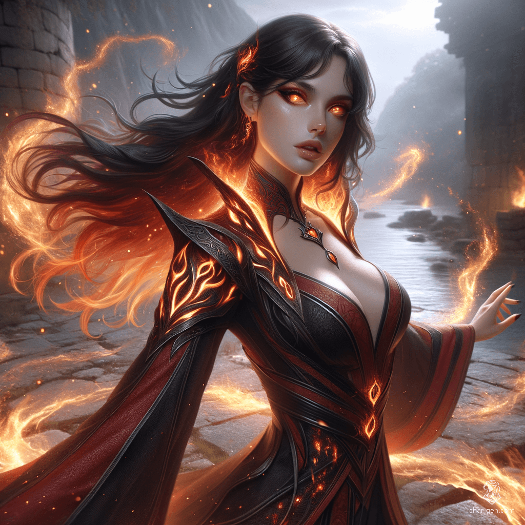 A striking fire-themed anime female, rendered in 4K HDR quality by Russiee, stands amidst ancient ruins. With blazing orange eyes and fiery black hair that burns at the ends, she exudes intensity. Her dark red and black robe, adorned with glowing embers, accentuates her radiant skin and passionate expression.