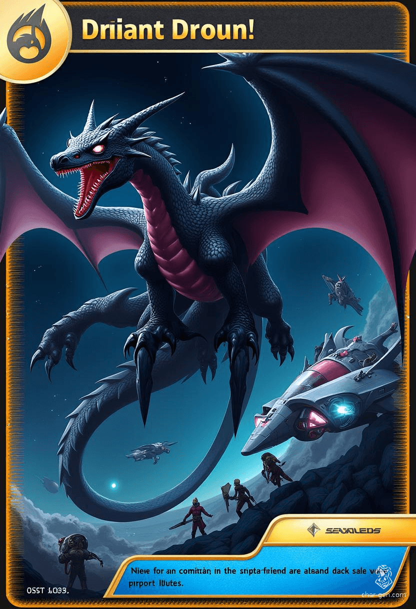 The Black Dragon is a sleek, young creature with dark scales and lithe body, soaring gracefully alongside spaceships. With powerful black wings and a mysterious aura, it embodies strength and agility, making it a formidable presence in any fantasy realm.