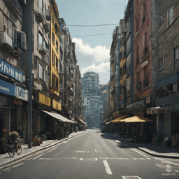 In this hyperrealistic fantasy landscape, a dimly-lit, cobblestone street exudes an eerie atmosphere. Shadows twist around ancient stone buildings, while flickering lanterns cast ghostly glows, hinting at hidden dangers in every darkened alley. The air is thick with foreboding, as if the street itself is alive with secrets.