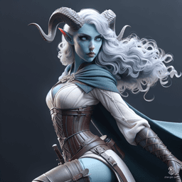 A captivating female Tiefling stands in a dynamic pose, her curvy figure exuding confidence. With striking white hair shaved on one side and short, her light blue skin contrasts beautifully with elegant, intricately detailed horns. This stunning character embodies the essence of a medieval fantasy world, perfectly captured in realistic anime style.