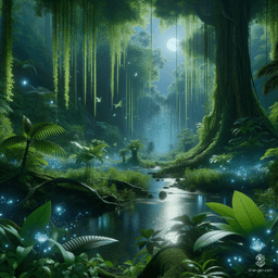 Under a canopy of bioluminescent foliage, the rainforest thrives in an ethereal glow. Crystal-clear streams weave through verdant undergrowth, while the night sky above shimmers with starlit wonder. Enigmatic flora and fauna create a mesmerizing, dreamlike tapestry of vibrant color and intricate detail.