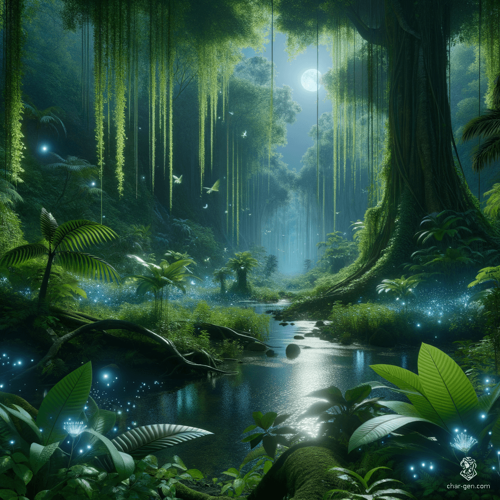 Under a canopy of bioluminescent foliage, the rainforest thrives in an ethereal glow. Crystal-clear streams weave through verdant undergrowth, while the night sky above shimmers with starlit wonder. Enigmatic flora and fauna create a mesmerizing, dreamlike tapestry of vibrant color and intricate detail.