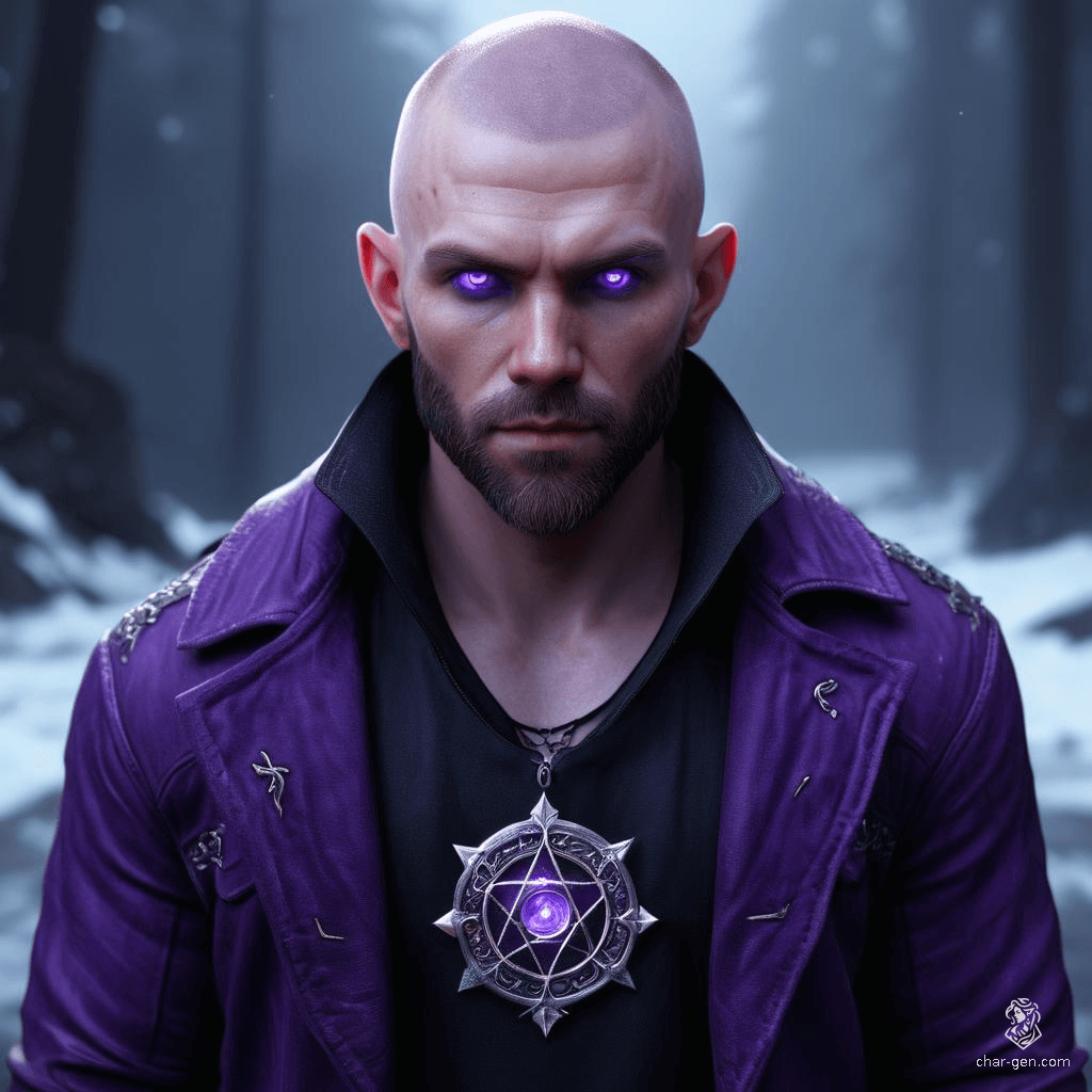 A 25-year-old male sorcerer with fair skin and glowing amethyst eyes. He has a shaved head, thin beard, and wears a purple jacket over a black undershirt with dark pants. Master of ice and fire magic, he levitates, radiating an aura of arcane power.
