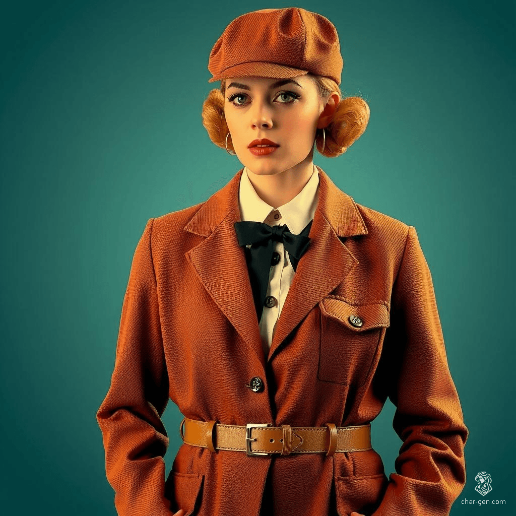 Clad in a sleek brown sixties detective outfit, this enigmatic woman combines vintage charm with sharp intellect. Her keen eyes and intuitive mind unravel mysteries effortlessly, blending classic style with unmatched investigative prowess.