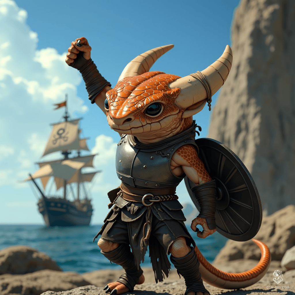 Luna is a muscular half-kobold, half-goloma fighter, donning a shiny steel breastplate and raising a formidable shield. With eight spider-like eyes and copper scales that gleam, this fluid-gendered warrior stands ready to defend against threats, embodying confidence and cunning in every move.