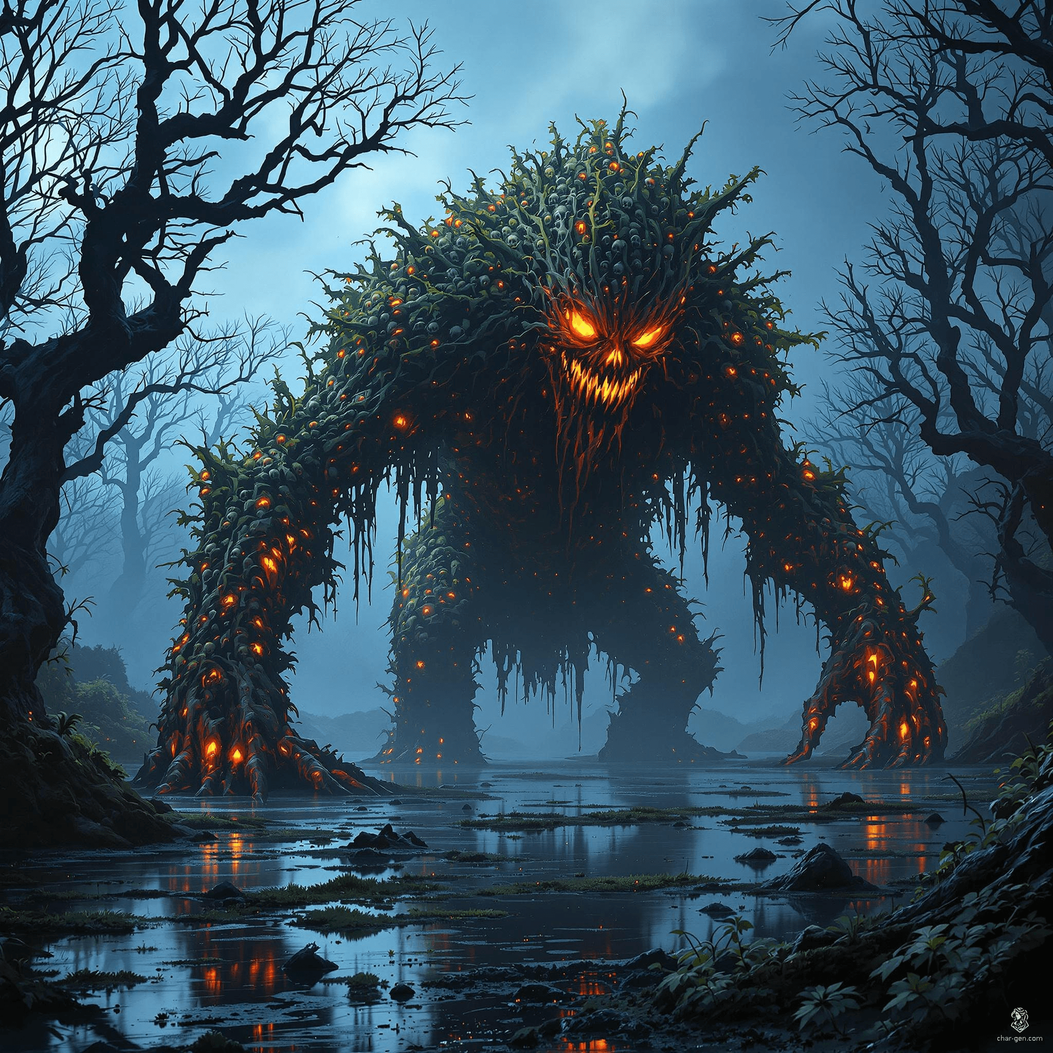 Emerging from the depths of the murky swamp, this shambling mound of moss and twisted roots drips with stagnant water. Infused with fragments of human skulls, it exudes a chilling aura, a grotesque animated heap of vegetation that embodies death itself.