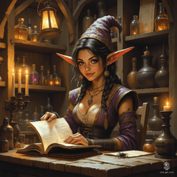 Maryam, the forensic witch, is an enchanting elder elf with tanned skin and lively topaz eyes. Adorned in practical, renaissance-inspired attire, she exudes competence and playfulness. Surrounded by potions and herbs in her cozy alchemical lab, her spectral spider companion mirrors her curious intelligence, embodying the spirit of discerning care.
