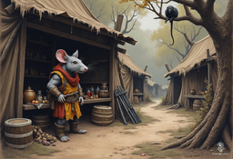 Ratscar, the cunning ratfolk shopkeeper, runs a bustling stall at the bandit camp. With a shrewd gleam in his rat-like eyes and twitching whiskers, he expertly barters various rare goods, providing both value and mischief to his unscrupulous clientele.