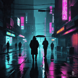 In a moody, tech-noir cityscape, rain-soaked streets glisten under glaring neon lights. Shadowy figures drift through dark alleys, sleek cybernetic elements blend with futuristic urban design, and high-contrast visuals evoke a sense of imminent danger lurking around every corner.