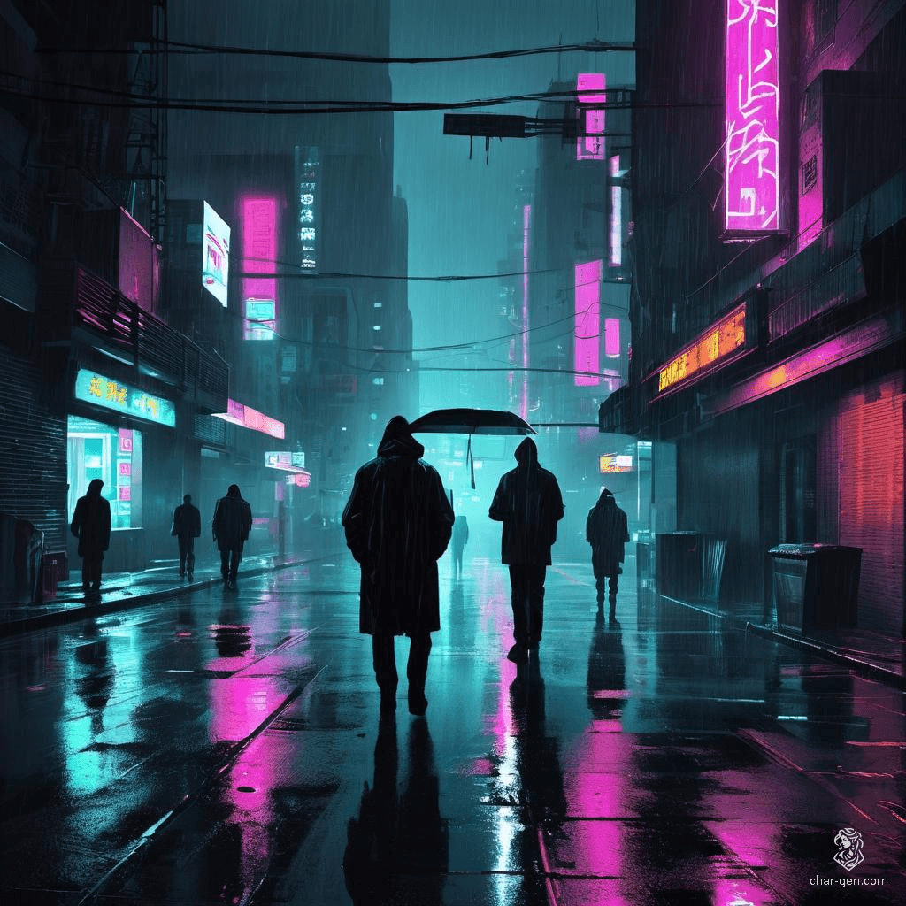 In a moody, tech-noir cityscape, rain-soaked streets glisten under glaring neon lights. Shadowy figures drift through dark alleys, sleek cybernetic elements blend with futuristic urban design, and high-contrast visuals evoke a sense of imminent danger lurking around every corner.